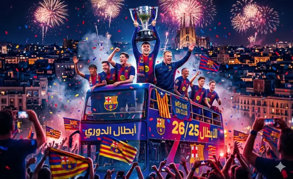 برشلونة يحتفل بلقبي الليجا وكأس السوبر بجولة جماهيرية في شوارع المدينة